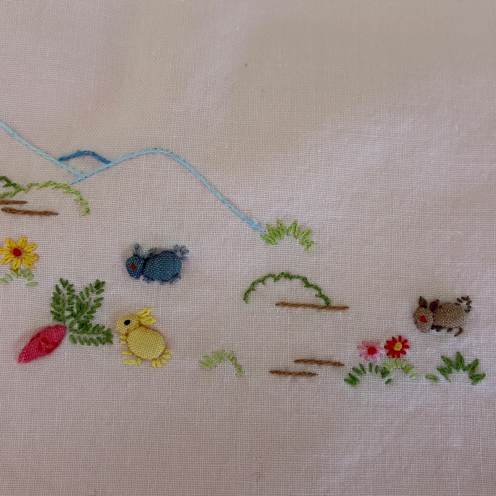 Vintage Embroidered Pink Cotton Crib Sheet Mountains, Bunnies, And Flowers - Picture 4 of 6